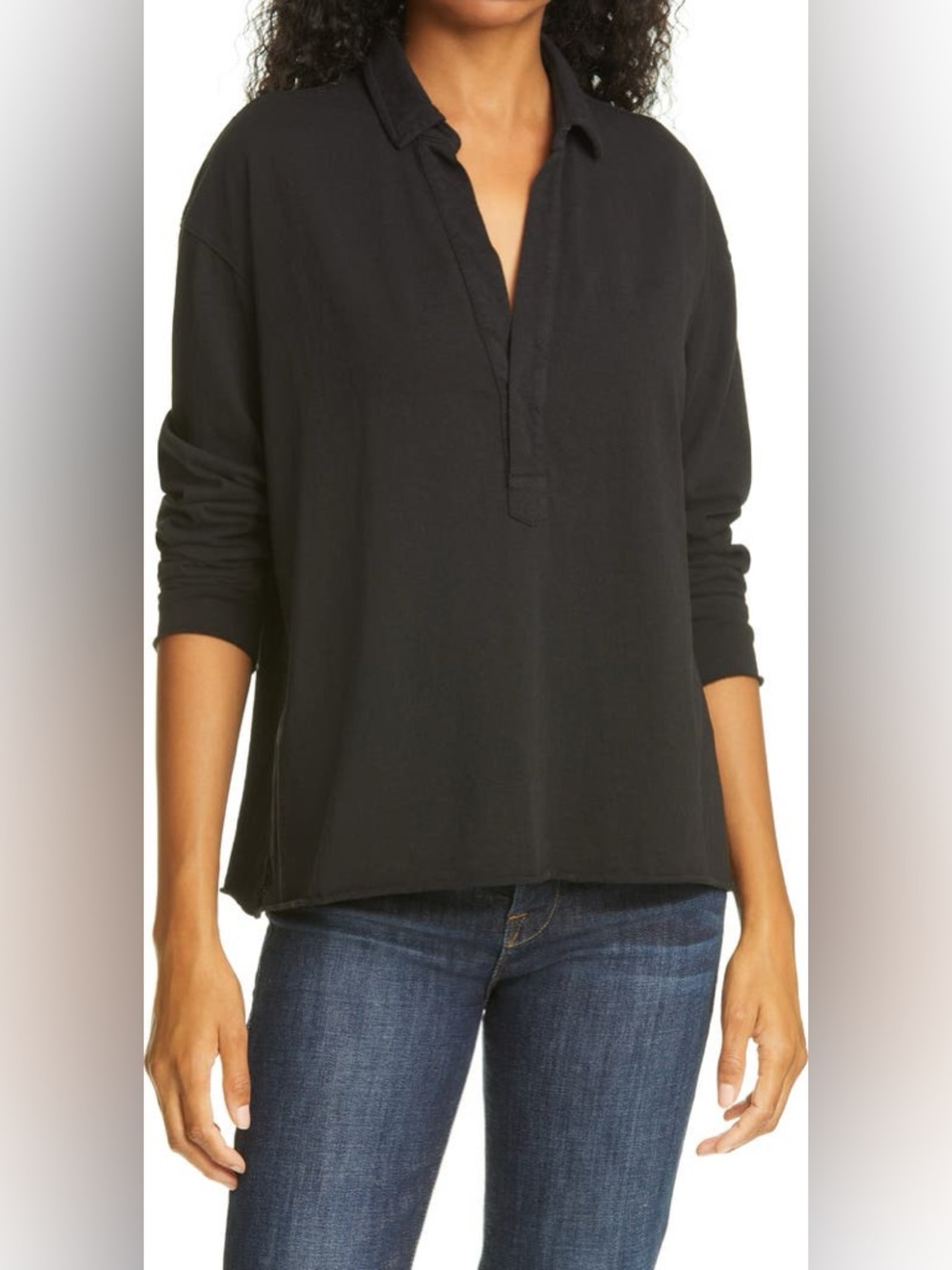 Frank & Eileen Patrick Popover Henley Black Long-Sleeve Split V Polo Size Med